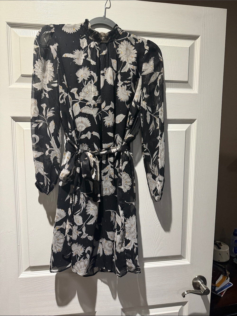Ann Taylor Black Floral Mini Dress with White & Cream Blooms